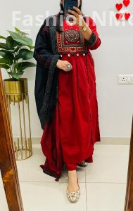 Unique Designer Boutique Flared Suit in Premium Dhabu Cotton with Ajrakh Dupatta