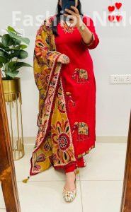 Unique Designer Dhabu Cotton Straight Suit with Elephant Handwork & Kalamkari Dupatta