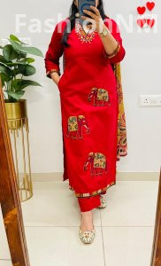 Unique Designer Dhabu Cotton Straight Suit with Elephant Handwork & Kalamkari Dupatta