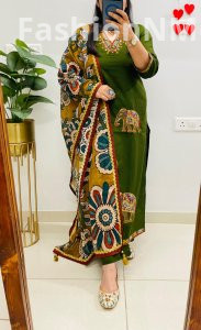 Unique Designer Dhabu Cotton Straight Suit with Elephant Handwork & Kalamkari Dupatta