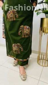 Unique Designer Dhabu Cotton Straight Suit with Elephant Handwork & Kalamkari Dupatta