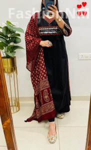 Designer Boutique Kurti Palazzo Set in Premium Dhabu Cotton with Ajrakh Dupatta