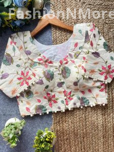 Khadi Pompom Camric Cotton Designer Blouse