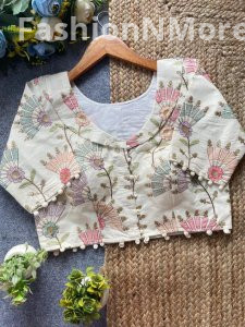 Khadi Pompom Camric Cotton Designer Blouse