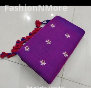 Khadi Cotton Parijatak Flower Embroidery Saree with Blouse Piece