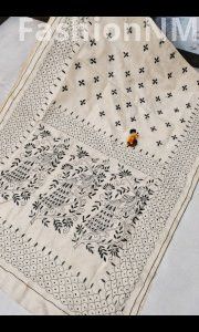 Hand Embroidered Cotton Silk Katha Work Saree with Running Blouse