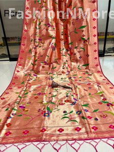 Premium Soft Silk Allover Brocade Paithani Saree with Minakari Floral Border