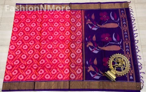 Designer Pure Ikkat Sico Pattu Saree – Handmade with Contrast Blouse