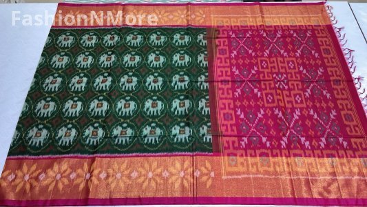 Designer Pure Double Ikkat Sico Pattu Saree with Big Designer Border & Contrast Blouse