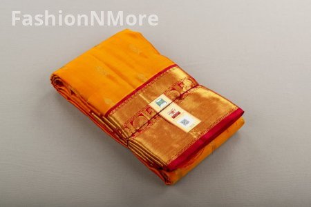 Handloom Kanchipuram Pure Silk Saree | Mango Orange & Red | Golden Zari Motifs