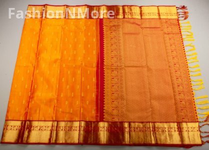 Handloom Kanchipuram Pure Silk Saree | Mango Orange & Red | Golden Zari Motifs