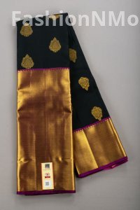 Handloom Kanchipuram Pure Silk Saree | Black & Magenta | Thilagam Golden Zari Motifs