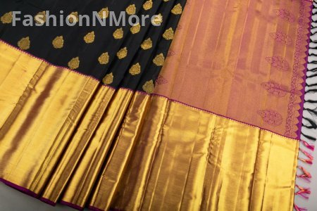 Handloom Kanchipuram Pure Silk Saree | Black & Magenta | Thilagam Golden Zari Motifs
