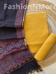 Kantha Cotton Kurta Set with Kota Doriya Ajrakh Dupatta | Handblock Print