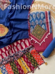 Ajrakh Printed Kantha Cotton Suit | Handwork Yoke | Patchwork Natural Dupatta