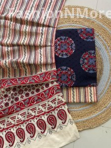 Ajrakh Block Print Hakoba Suit Set | Pure Cotton | Printed Dupatta & Bottom