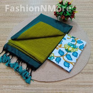 Plain Khadi Cotton Saree | Contrast Pallu & Blouse